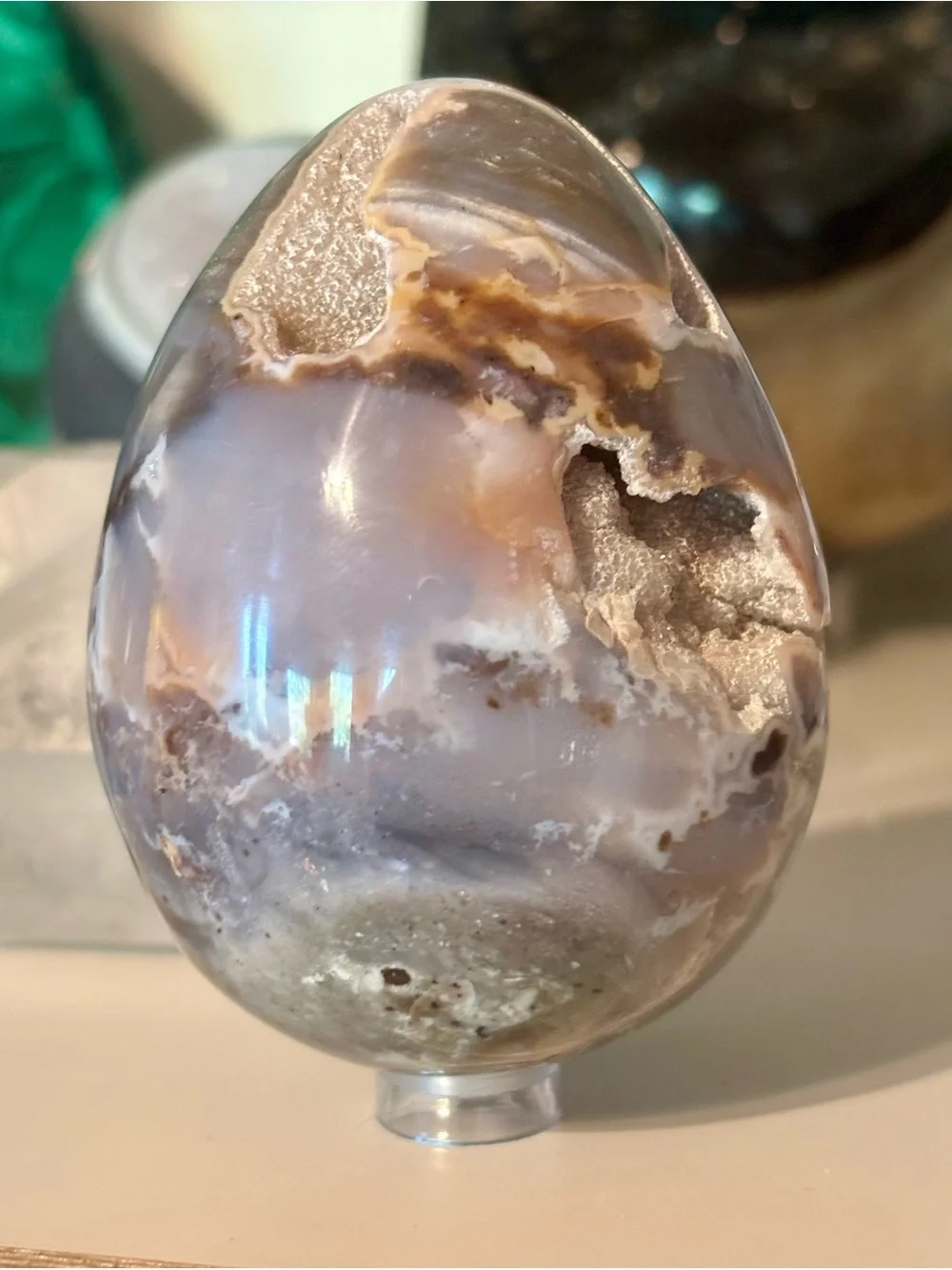 Druzy Ocean Jasper Geode Egg ~400g – Natural Crystal Cavities & Polished Egg